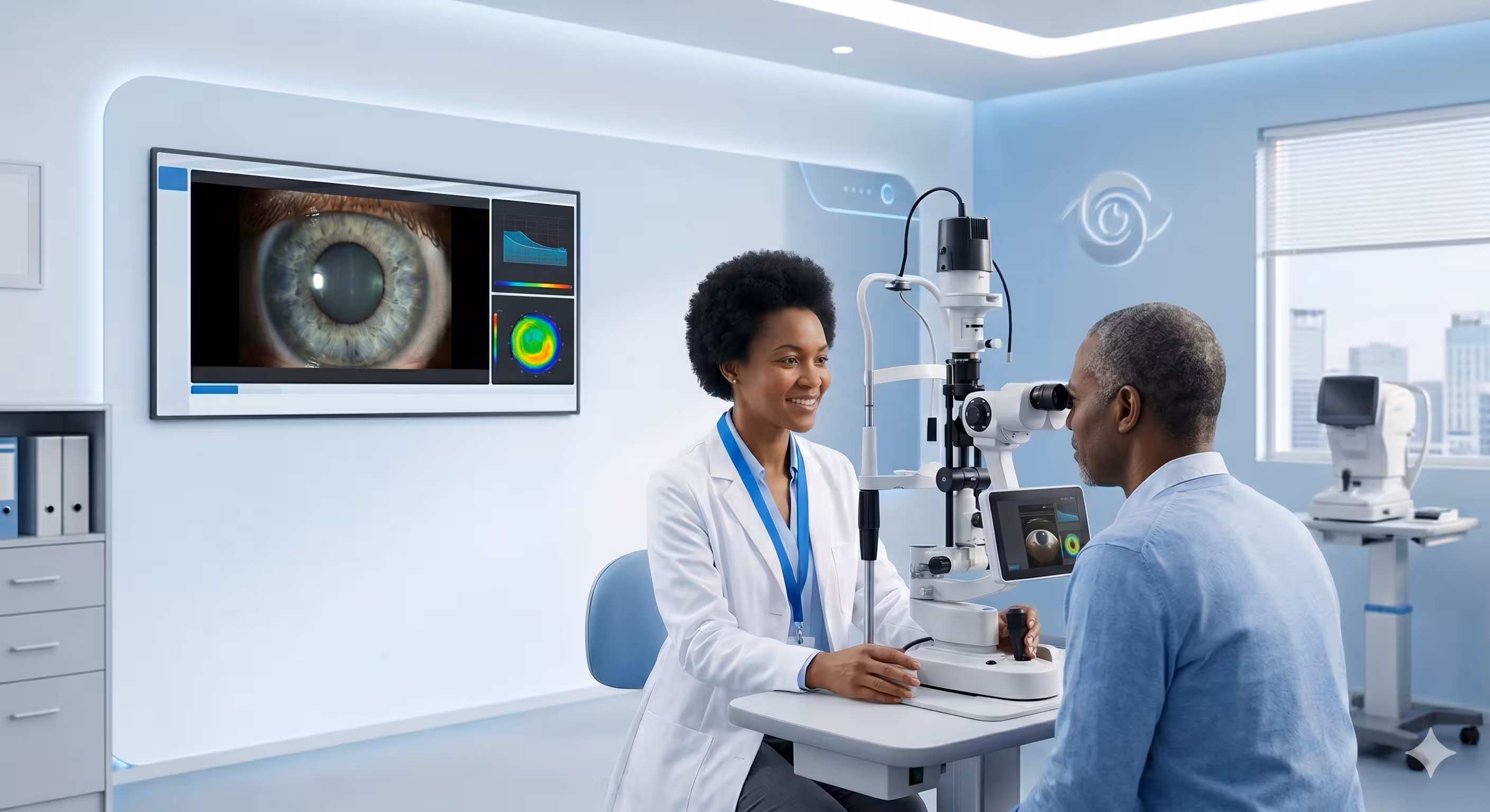 Clinician operating a digital slit-lamp during an eye examination